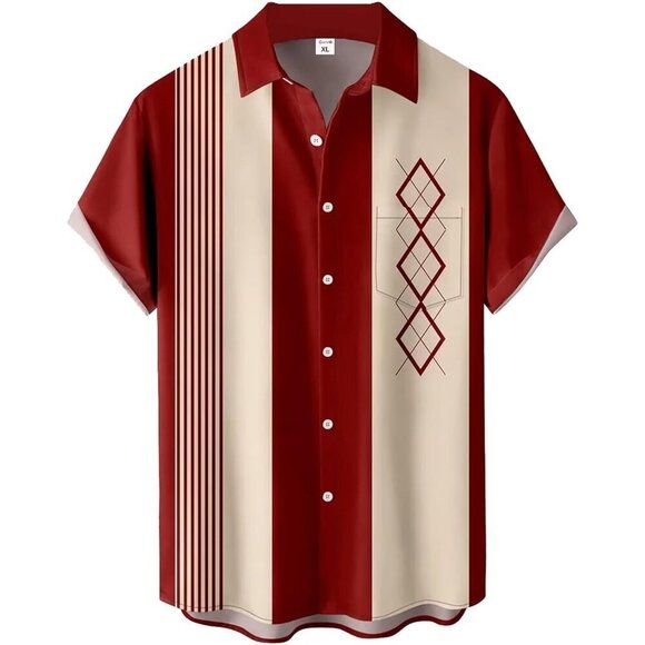 ❤️Men Red Print Short Sleeve Hawaiian Fit Casual Button Down  Beach Shirts - Picture 1 of 7